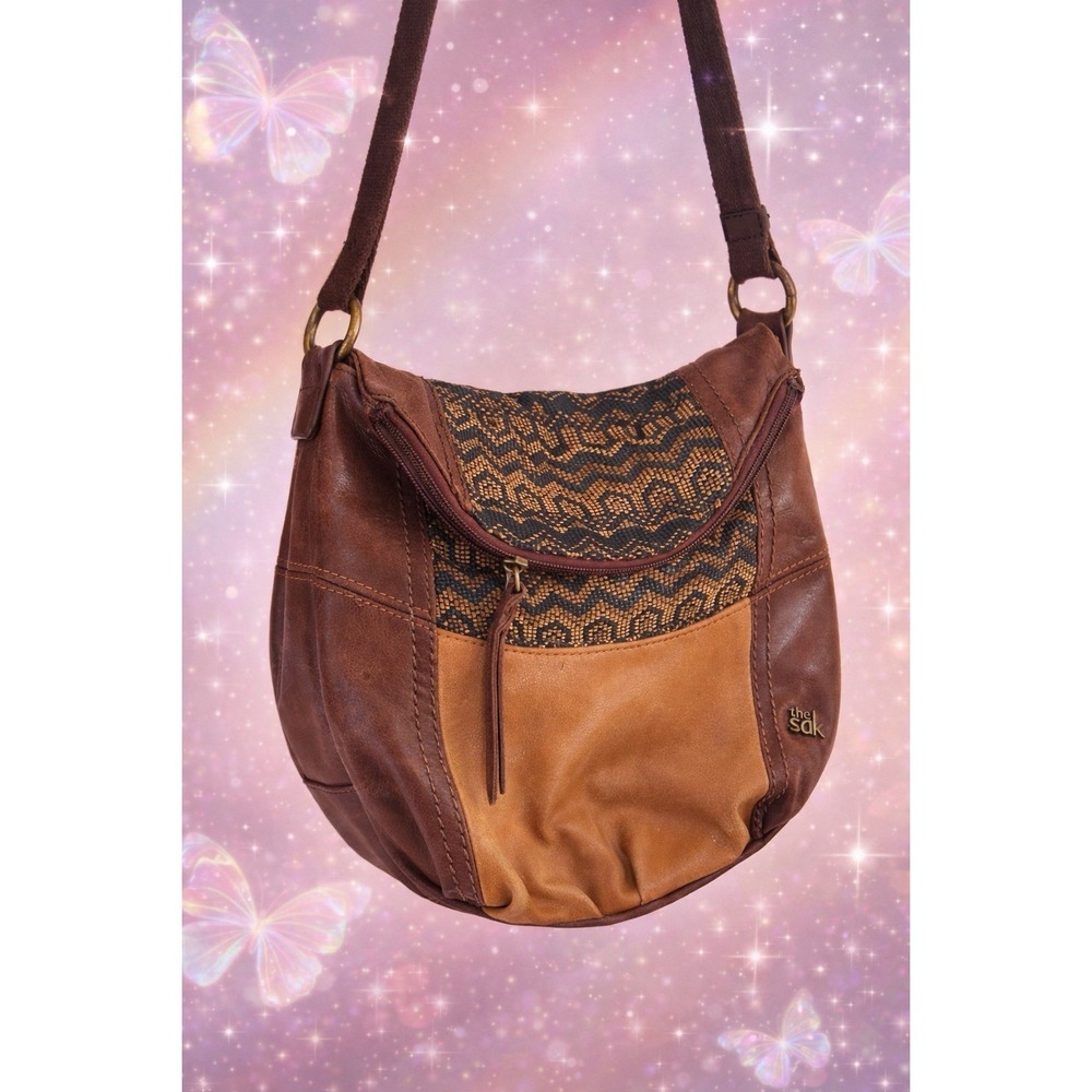 Vintage Y2K The Sak Leather Crossbody Purse Brown Patchwork Boho Woven